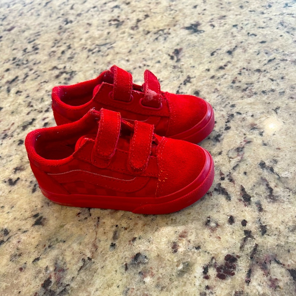 Vans toddler checkered red Velcro sneakers.